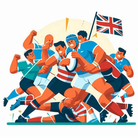 Rugby players with ball and flag of United Kingdom vector illustration.のイラスト素材