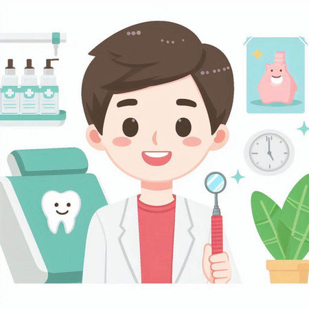 Illustration of a young male dentist holding a dental probe and smilingのイラスト素材
