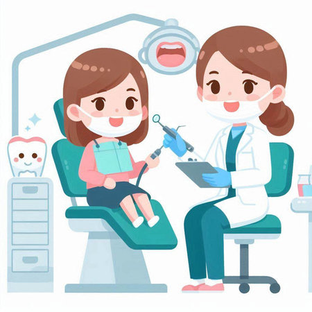 Dentist and patient in dental office. Vector illustration in cartoon style.のイラスト素材