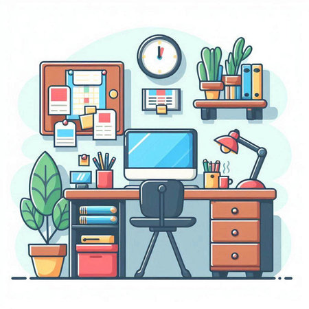 Office workplace. Workplace with computer, books, lamp, stationery and plants. Flat vector illustrationのイラスト素材