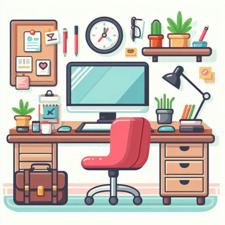 Office workplace. Workplace with computer, table, chair and other items. Vector illustrationのイラスト素材