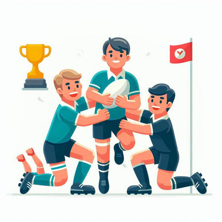 Rugby players with ball and trophy, flat vector illustration.のイラスト素材