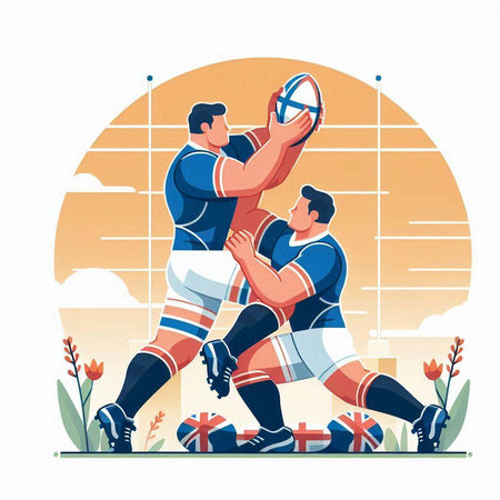 Rugby players fight for ball, vector illustration in flat styleのイラスト素材