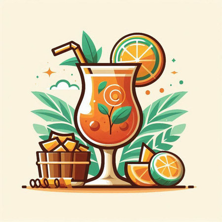 Cocktail with orange and mint. Vector illustration in flat styleのイラスト素材