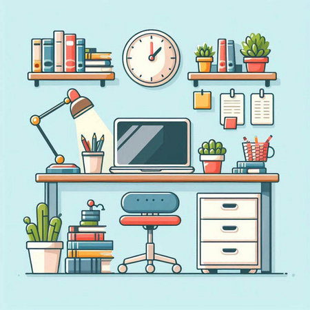 Flat design modern vector illustration concept of home office workspace with furniture and objects.のイラスト素材