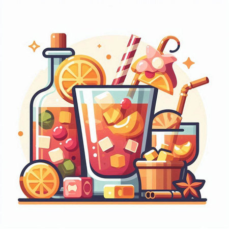 Cocktail with orange, cranberry, lime and ice. Vector illustrationのイラスト素材
