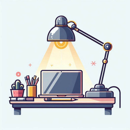 Working space with computer, lamp and stationery. Vector illustration.のイラスト素材