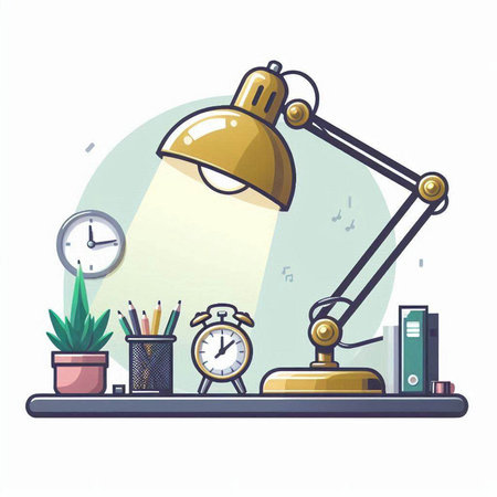Office workplace. Table lamp, books, alarm clock and plant in pot. Vector illustrationのイラスト素材