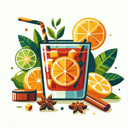 Cocktail with orange, lemon and cinnamon. Vector illustration.のイラスト素材