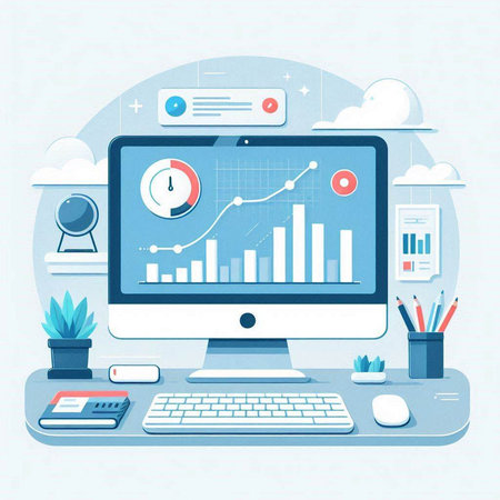 Workplace. Workplace with computer and business charts. Vector illustrationのイラスト素材