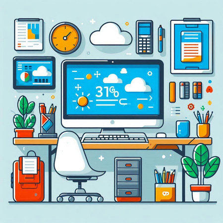 Workplace with computer, supplies and office equipment. Flat vector illustration.のイラスト素材