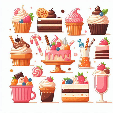Cupcakes and sweets icons set. Vector illustration in cartoon styleのイラスト素材