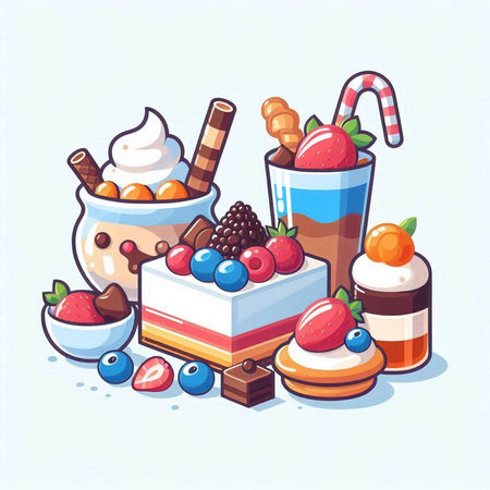 Illustration of a set of different sweet desserts. Vector illustration.のイラスト素材