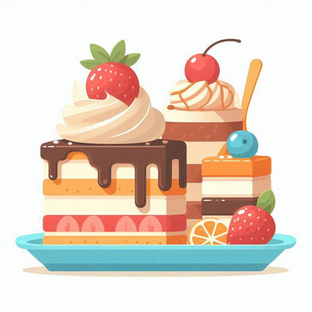 Vector illustration of a delicious cake with cream, strawberry and cherry.のイラスト素材