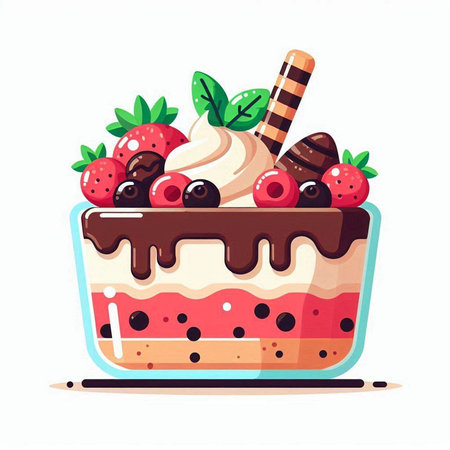 Chocolate cake with berries and whipped cream. Vector illustration in cartoon style.のイラスト素材