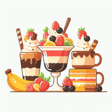 Fruit dessert vector illustration in flat style. Ice cream with whipped cream, chocolate, strawberry, orange, banana.のイラスト素材