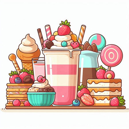 Colorful vector illustration of a milkshake with ice cream, waffle cones, candies and berries.のイラスト素材