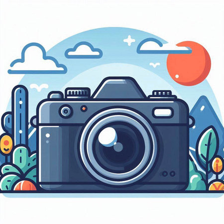 Camera on the background of nature. Vector illustration in a flat style.のイラスト素材