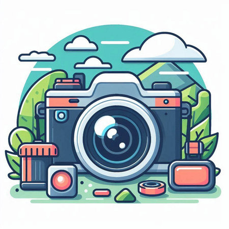 Photography and travel concept. Camera, camera, camera, camera, lens, camera, camera, camera, camera, camera. Vector flat illustrationのイラスト素材