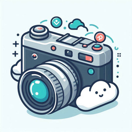 Vector illustration of a camera with cloud on white background. Cartoon style.のイラスト素材