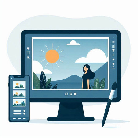 Vector illustration of a woman on the screen of a personal computer.のイラスト素材