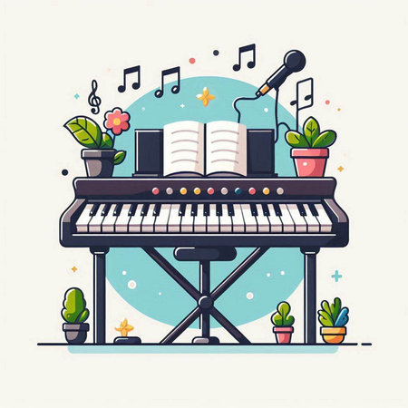 Vector illustration of piano with musical notes, books and potted plantsのイラスト素材