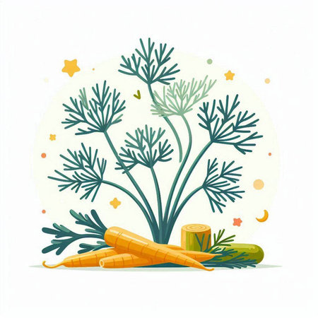 Vector illustration of fresh carrot with green leaves on white background with stars.のイラスト素材
