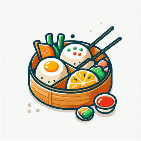 Sushi in wooden bowl with chopsticks and soy sauce. Vector illustration.のイラスト素材