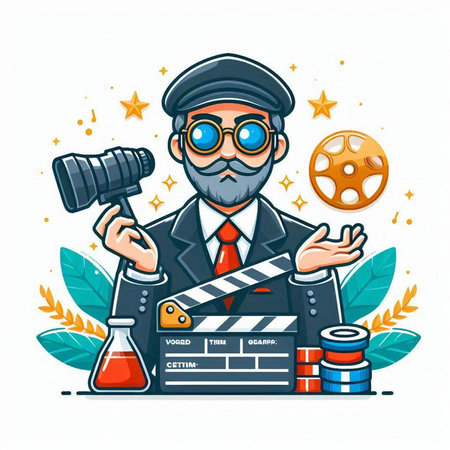 Cartoon movie director with movie clapper board and film reel. Vector illustration.のイラスト素材