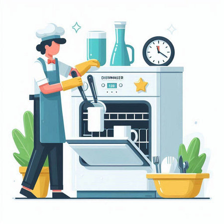 Cooking process. Professional chef in uniform and apron preparing food in the kitchen. Isolated flat vector illustrationのイラスト素材