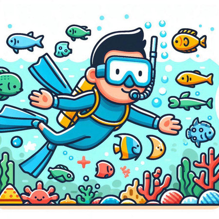 Illustration of a Snorkeling Boy Diving Underwaterのイラスト素材