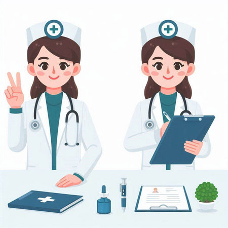Nurse and doctor with stethoscope and clipboard. Vector illustration.のイラスト素材