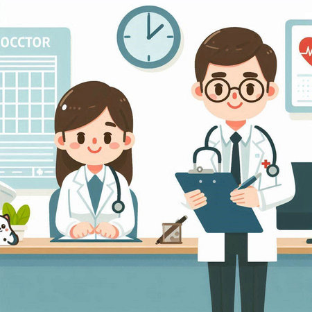 Male and female doctors in a medical office. Vector illustration, flat designのイラスト素材