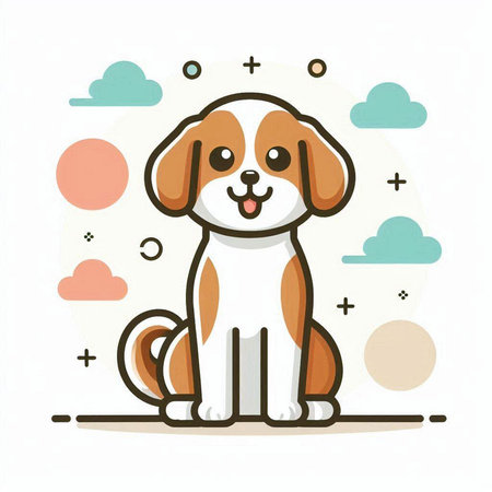 Cute cartoon dog with clouds on white background. Vector illustration.のイラスト素材