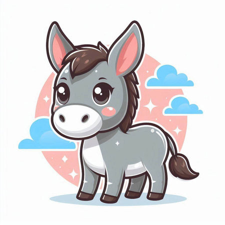 Cute cartoon donkey. Vector illustration on a white background with cloudsのイラスト素材