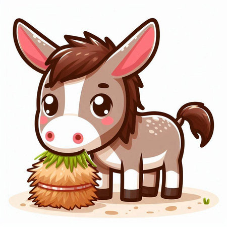 Illustration of a Cute Cartoon Donkey with a Grass Clipping Pathのイラスト素材