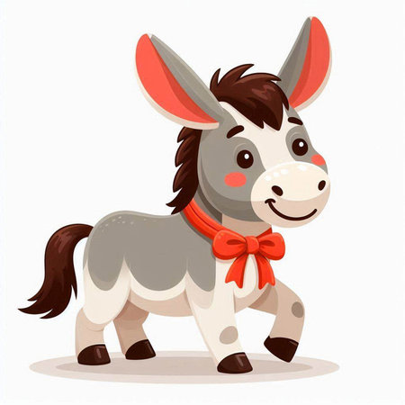 Donkey with red bow. Cute cartoon character. Vector illustration.のイラスト素材