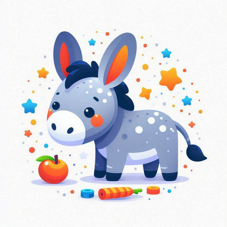 Donkey and apple, vector illustration. Cute cartoon character.のイラスト素材
