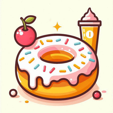Donut with cherry and ice cream. Vector illustration in cartoon styleのイラスト素材