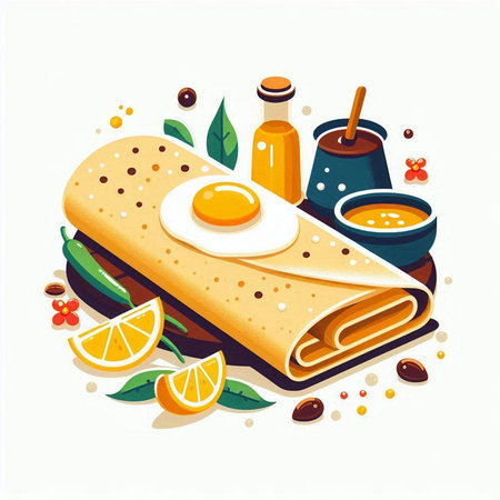 Vector illustration of pancakes with jam and fried egg in flat style.のイラスト素材