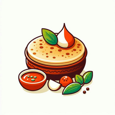 Pancake with tomato sauce, pepper and mint. Vector illustration.のイラスト素材
