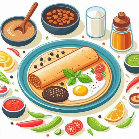 Illustration of a delicious breakfast with pancakes, eggs and vegetables.のイラスト素材