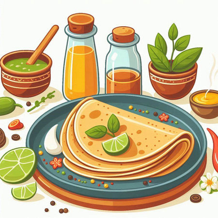 Pancakes on a plate with herbs and spices. Vector illustration.のイラスト素材