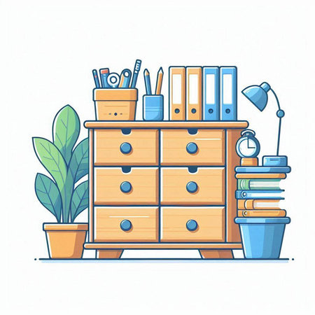 Wooden chest of drawers with stationery. Workplace at home. Vector illustration.のイラスト素材