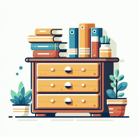 Wooden chest of drawers with books and plants. Vector illustration.のイラスト素材