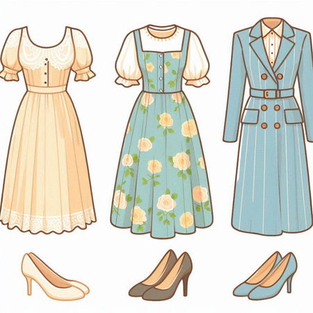 Set of women's dresses and shoes in retro style. Vector illustration.のイラスト素材