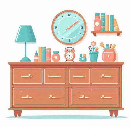 Cabinet with books, alarm clock and accessories. Vector illustrationのイラスト素材