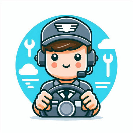 Cute boy driver with steering wheel. Vector flat cartoon character illustration.のイラスト素材
