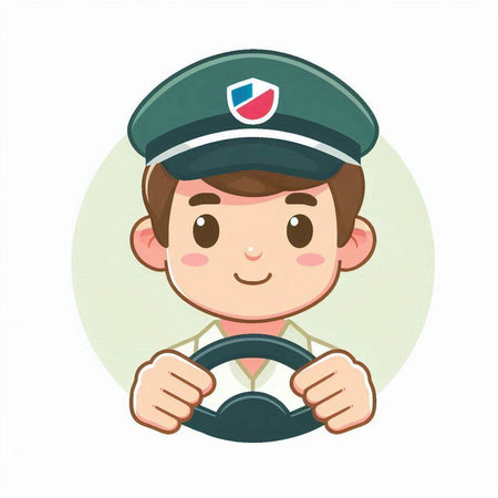 Vector illustration of a boy wearing a police cap holding a steering wheelのイラスト素材