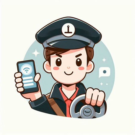 Policeman with a smartphone. Vector illustration in cartoon style.のイラスト素材